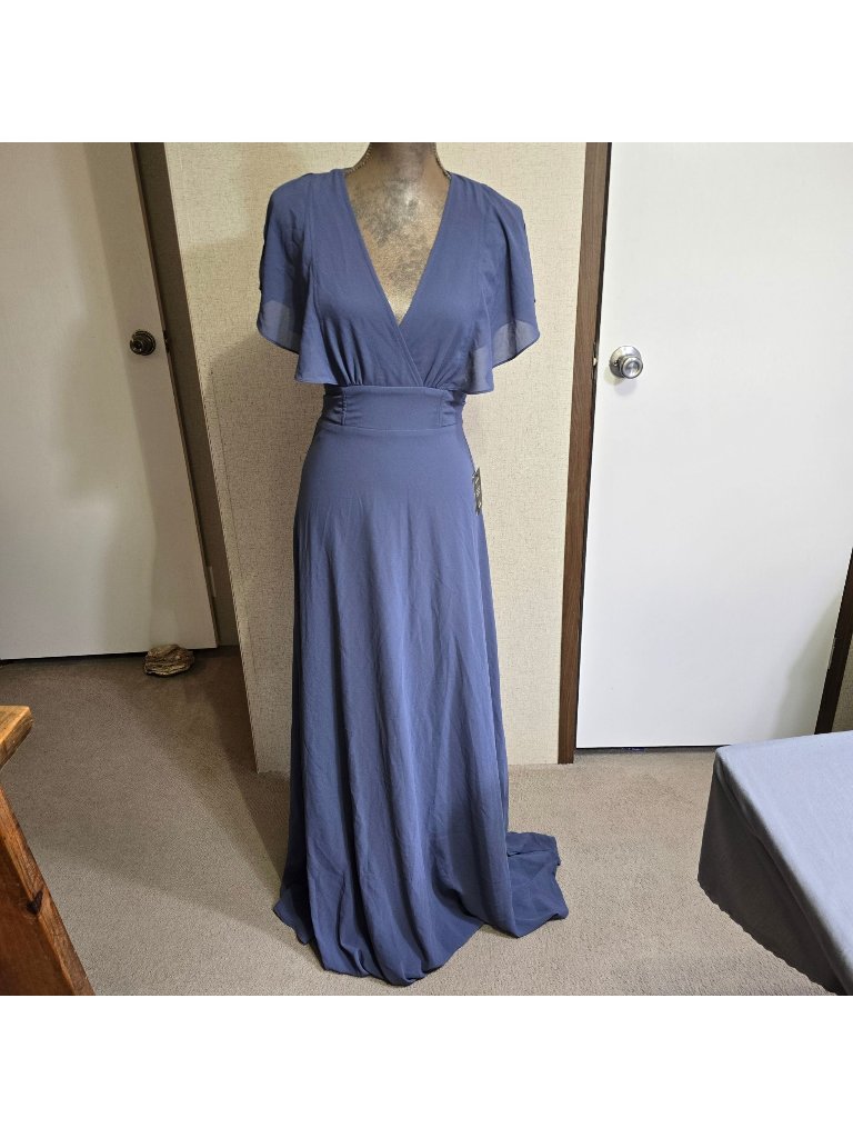 New Lulus Small Maxi Dress Dusty Blue Flutter Sleeves Tie Waist V-Neck Formal